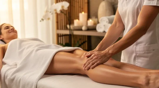 Femme allongée recevant un massage lymphatique professionnel sur les jambes dans un environnement spa apaisant