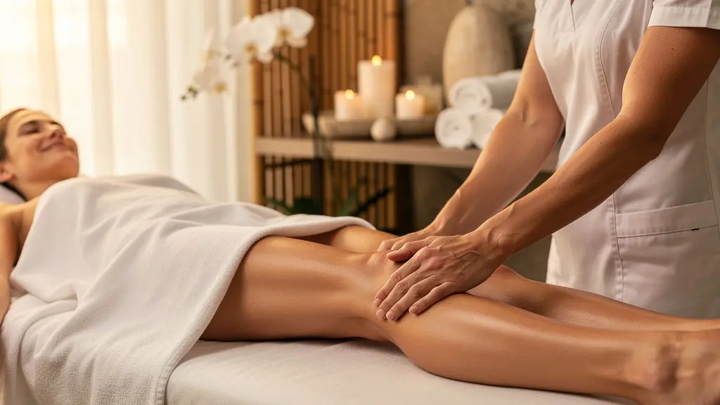 Femme allongée recevant un massage lymphatique professionnel sur les jambes dans un environnement spa apaisant