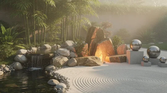 Représentation symbolique des cinq éléments de la médecine traditionnelle chinoise dans un environnement naturel harmonieux