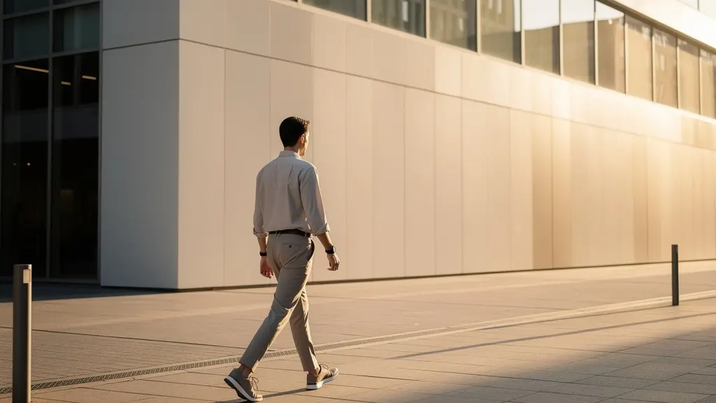 Vue en grand angle d'une personne marchant dans une rue urbaine paisible avec espace négatif important