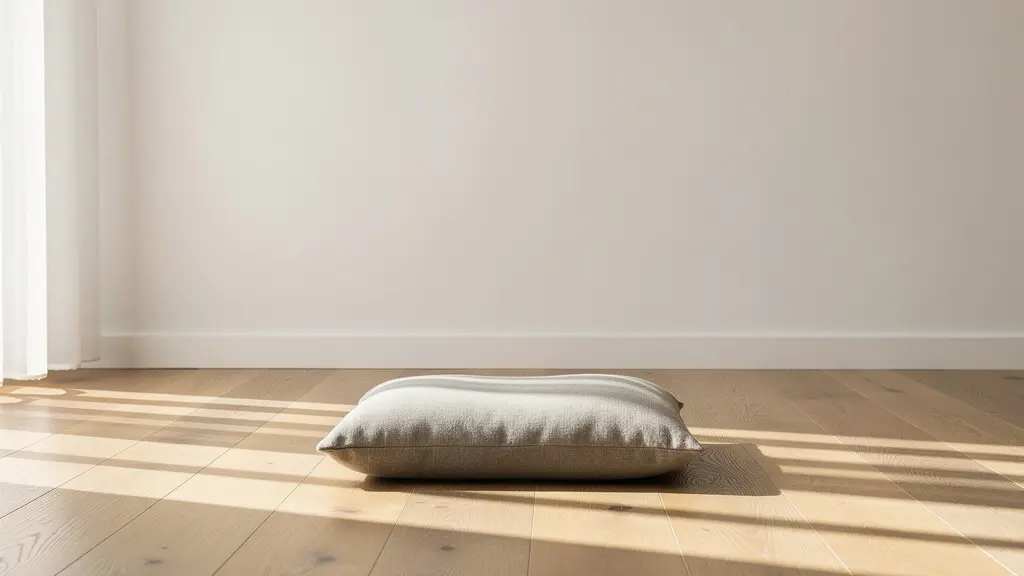 Espace de méditation minimaliste baigné de lumière matinale