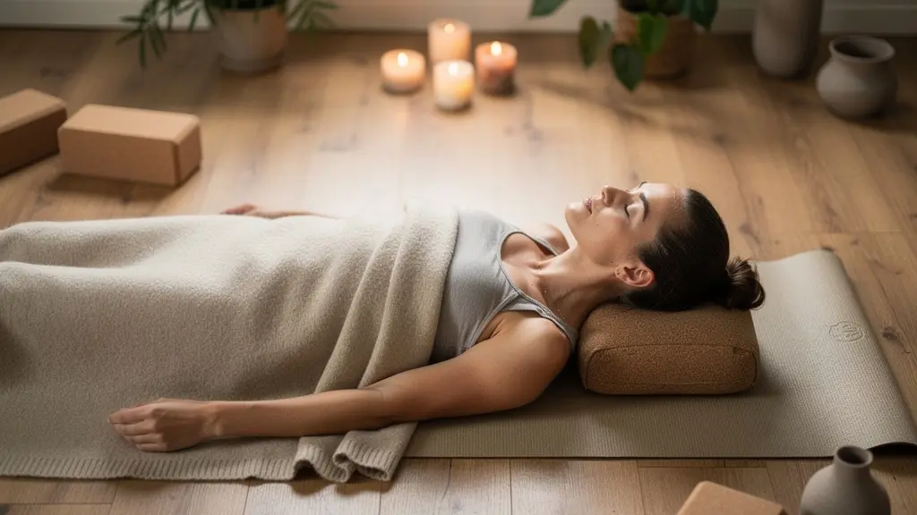 Personne allongée en position savasana pratiquant le yoga nidra dans un environnement apaisant