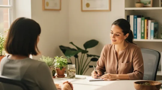 Consultation de naturopathie professionnelle dans un cabinet lumineux