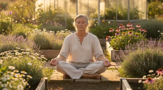 Personne en méditation dans un jardin de plantes médicinales baignée de lumière dorée