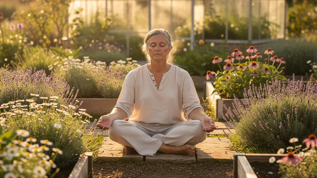 Personne en méditation dans un jardin de plantes médicinales baignée de lumière dorée