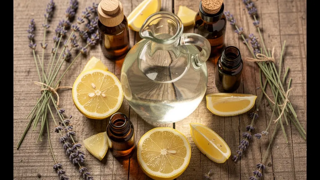 Composition macro de produits de nettoyage naturels avec citron, vinaigre blanc et huiles essentielles sur surface en bois