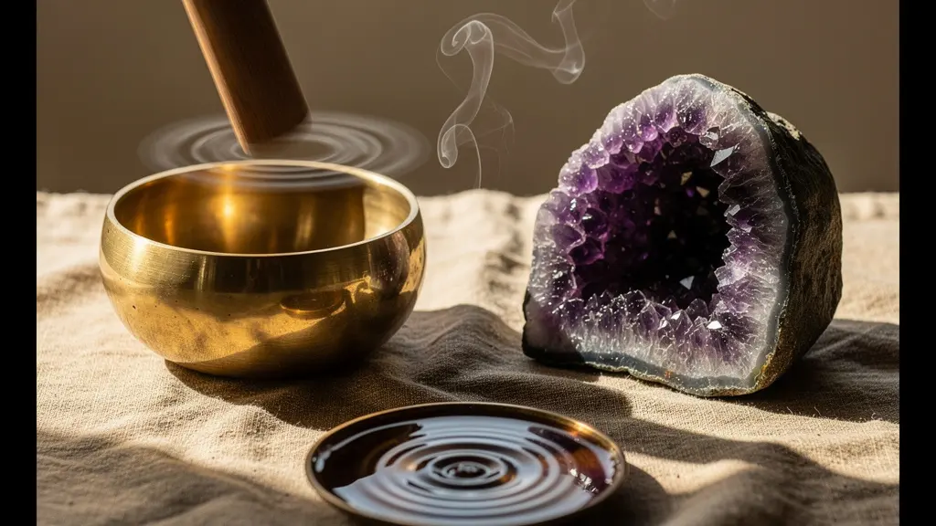Bol chantant tibétain créant des ondes vibratoires autour d'une géode d'améthyste