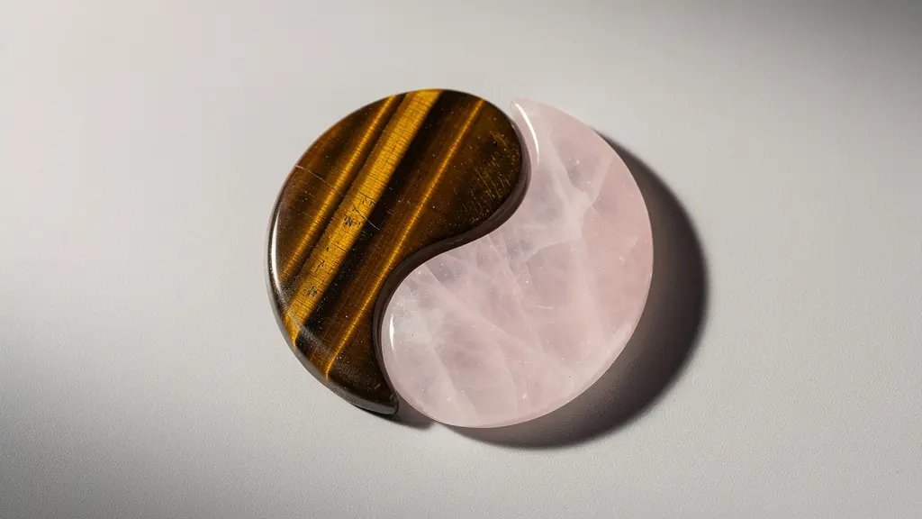 Composition symbolique d'un œil de tigre et d'un quartz rose représentant l'équilibre entre pouvoir et compassion