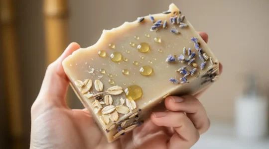 Main féminine tenant délicatement un savon surgras artisanal aux bords arrondis avec des gouttes d'huiles végétales dorées