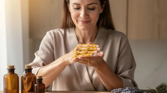 Femme appliquant une huile naturelle sur ses mains, avec des flacons d'huiles végétales et des pierres de lithothérapie disposés harmonieusement