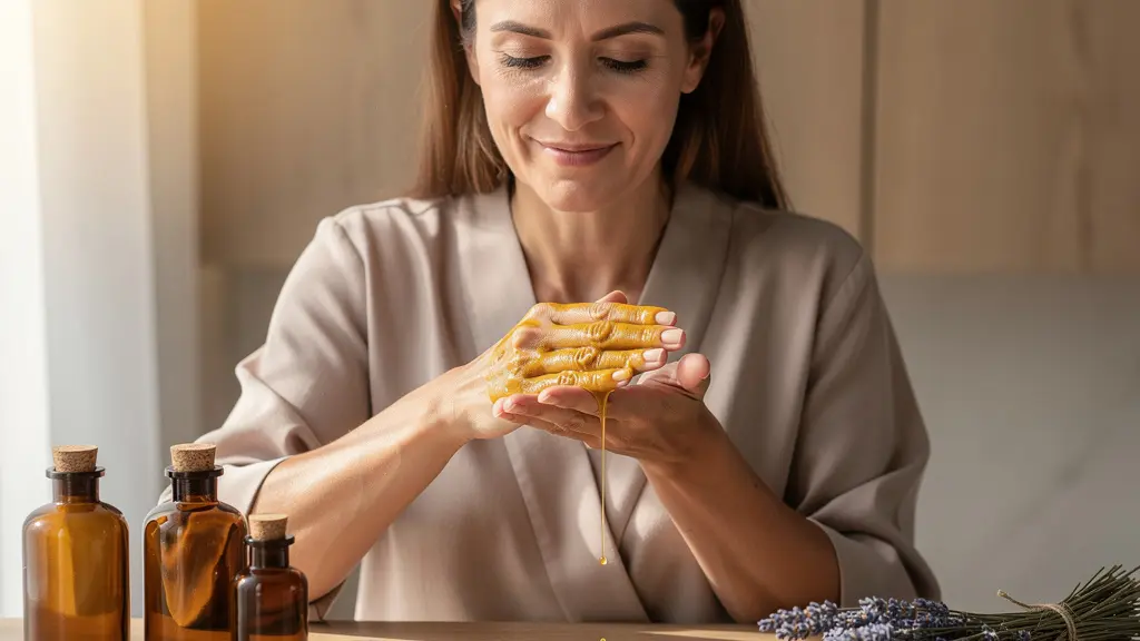 Femme appliquant une huile naturelle sur ses mains, avec des flacons d'huiles végétales et des pierres de lithothérapie disposés harmonieusement