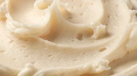 Texture crémeuse de baume hydratant naturel photographiée en macro avec des détails de beurre de karité