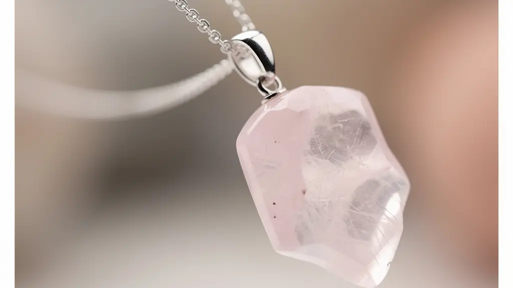 Vue macro d'un pendentif en quartz rose oscillant doucement, capturant le mouvement et les reflets lumineux sur la pierre