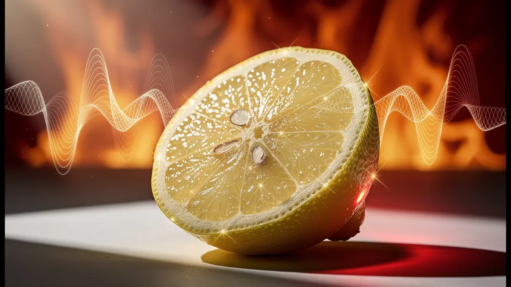 Citron coupé avec rayons de soleil dramatiques créant des ombres d'avertissement