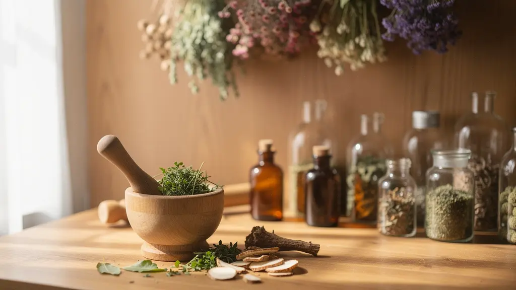 Mortier de pharmacien avec plantes médicinales fraîches et racines naturelles