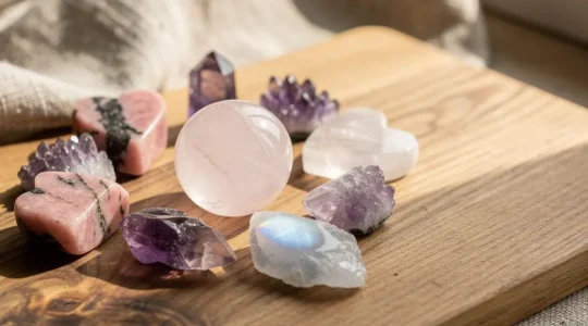 Arrangement artistique de cristaux de quartz rose et d'améthyste disposés sur une surface apaisante avec lumière douce