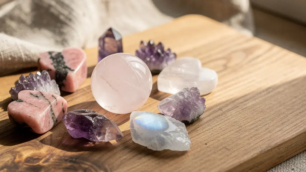 Arrangement artistique de cristaux de quartz rose et d'améthyste disposés sur une surface apaisante avec lumière douce