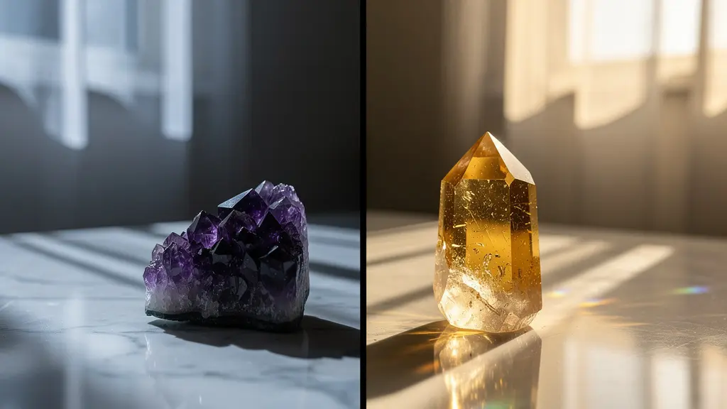 Améthyste et citrine disposées sous les rayons lunaires et solaires pour illustrer les méthodes de rechargement