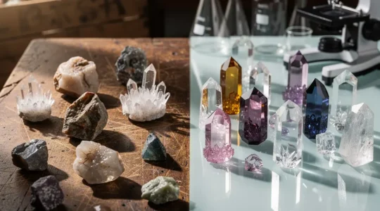 Comparaison entre pierres naturelles et synthétiques pour identifier les faux cristaux