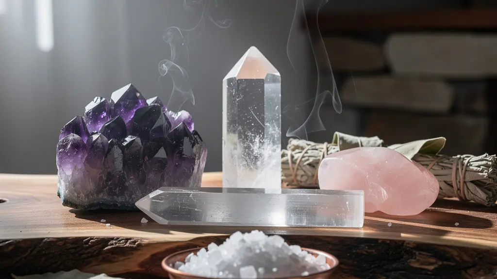 Collection de cristaux thérapeutiques baignés dans une lumière douce avec éléments naturels de purification