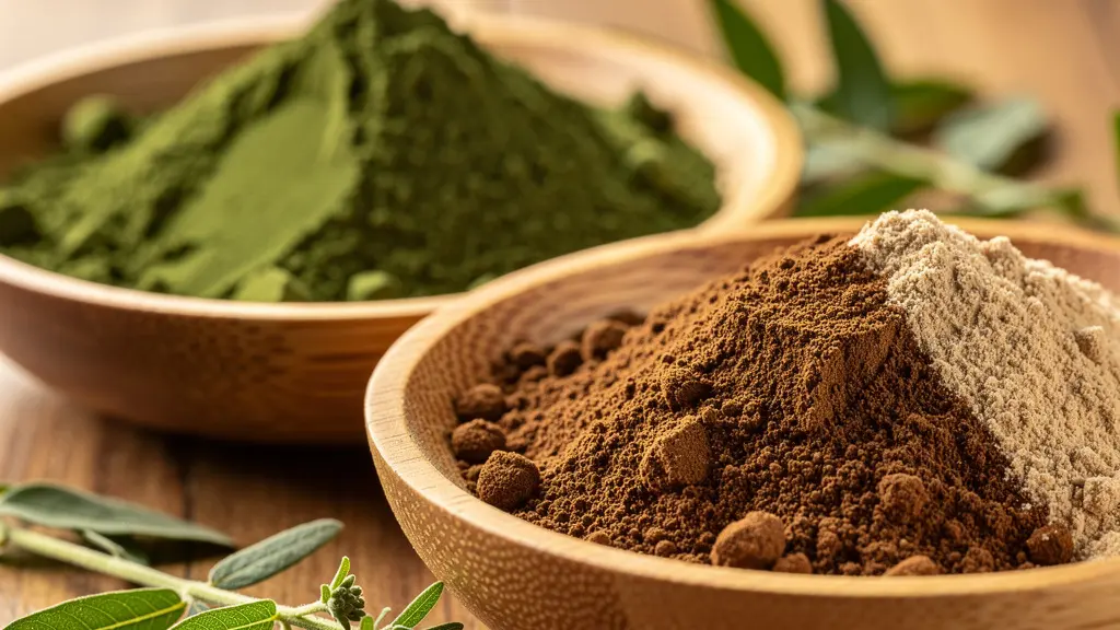 Plusieurs bols en bois contenant des poudres de plantes ayurvédiques colorées, comme le henné, l'amla et le shikakai.