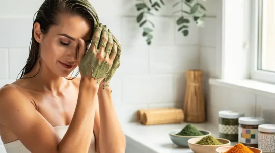 Femme appliquant un masque de poudres végétales sur ses cheveux fins dans un environnement naturel et lumineux