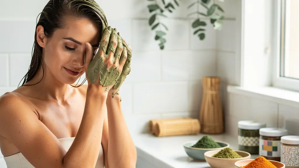 Femme appliquant un masque de poudres végétales sur ses cheveux fins dans un environnement naturel et lumineux