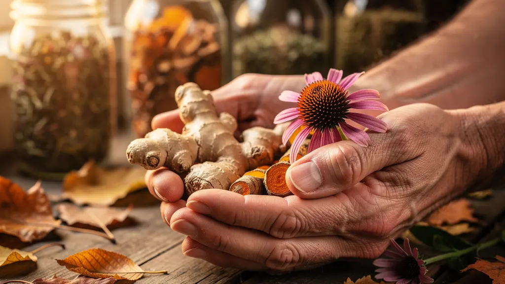 Mains tenant des plantes et racines médicinales automnales