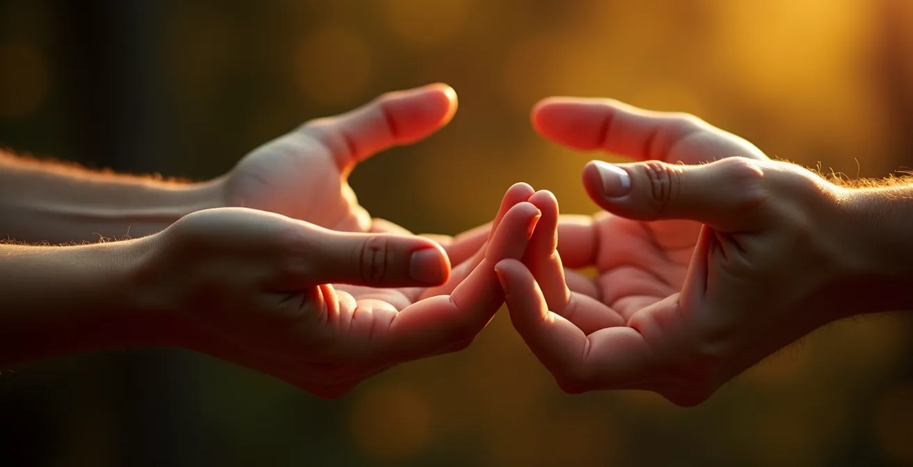 Gros plan sur les mains d'un pratiquant visualisant l'énergie qui circule