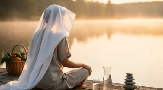Composition zen représentant les quatre éléments de l'hygiène vitale avec une personne en méditation entourée de nature, eau, air pur et cristaux