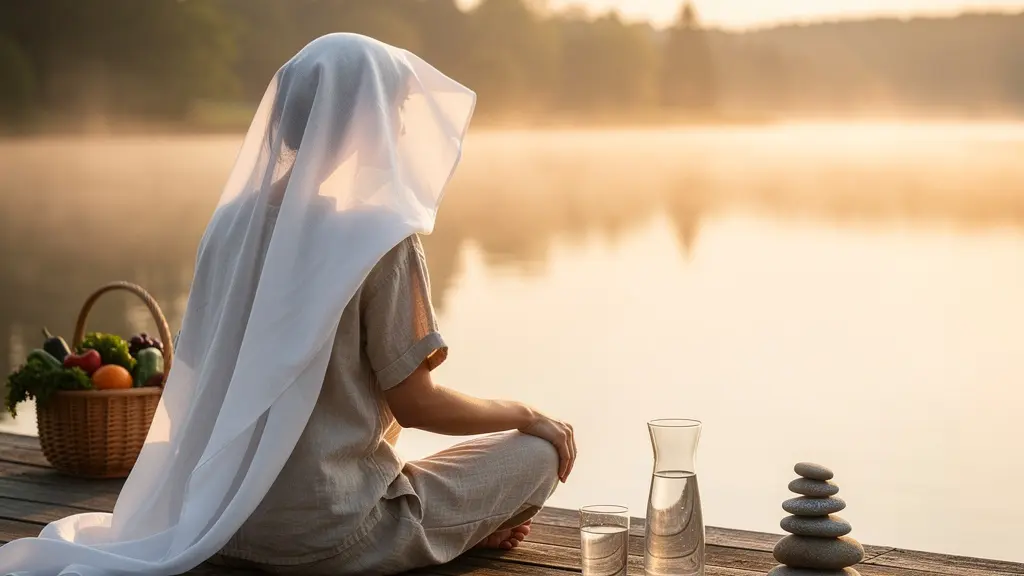 Composition zen représentant les quatre éléments de l'hygiène vitale avec une personne en méditation entourée de nature, eau, air pur et cristaux