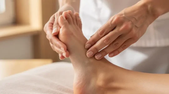 Mains expertes massant la voûte plantaire d'un pied en réflexologie
