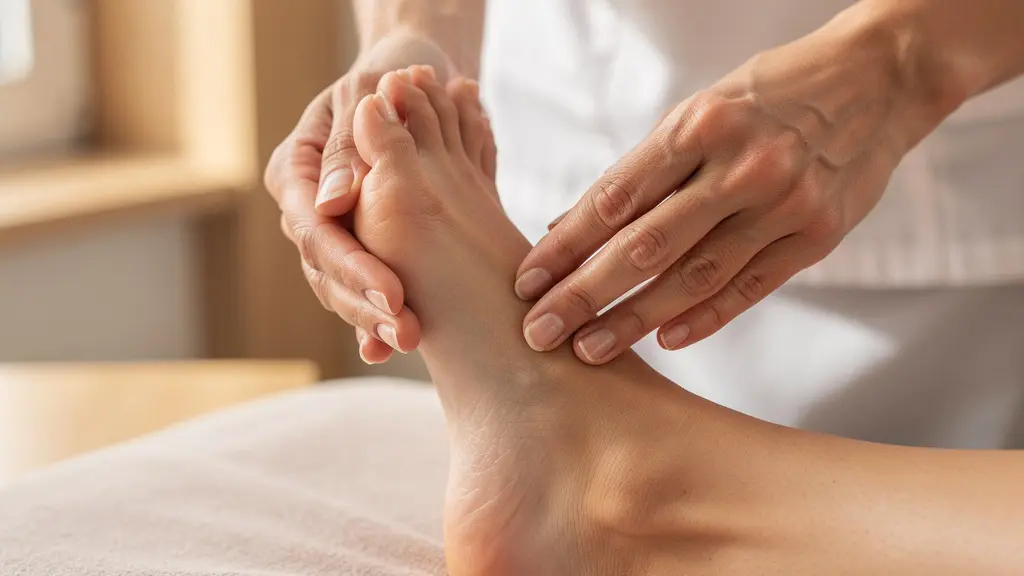 Mains expertes massant la voûte plantaire d'un pied en réflexologie