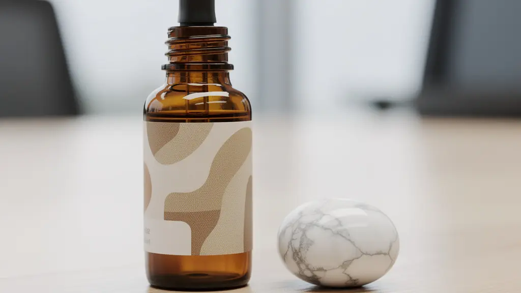 Macro photographie d'un flacon compte-gouttes en verre ambré posé sur un bureau avec une pierre de howlite blanche
