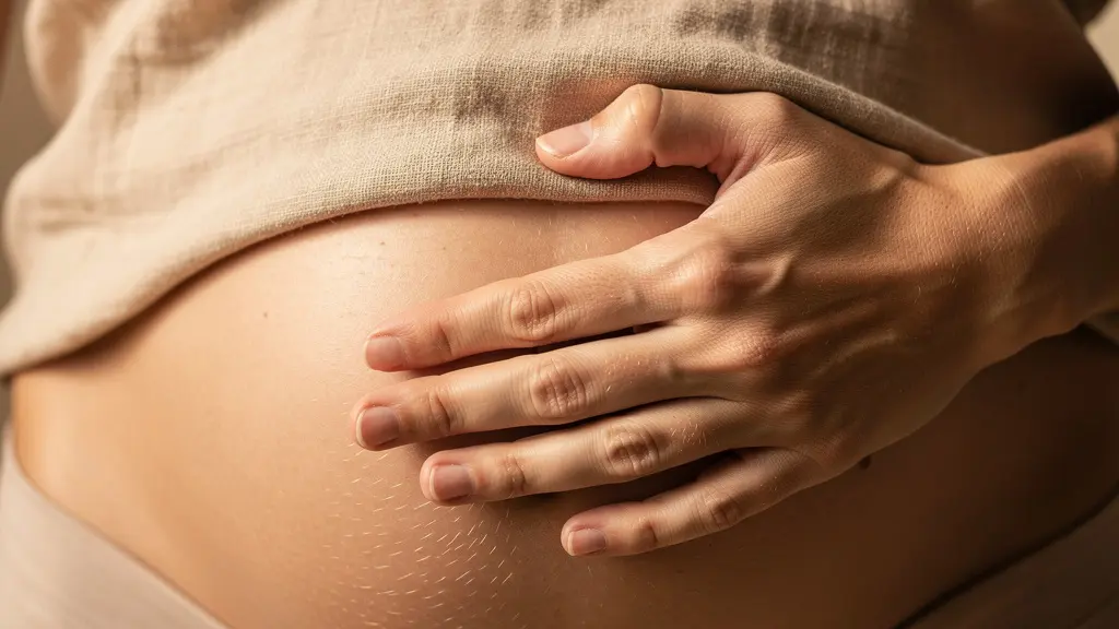 Vue macro du ventre avec main posée montrant le mouvement respiratoire abdominal