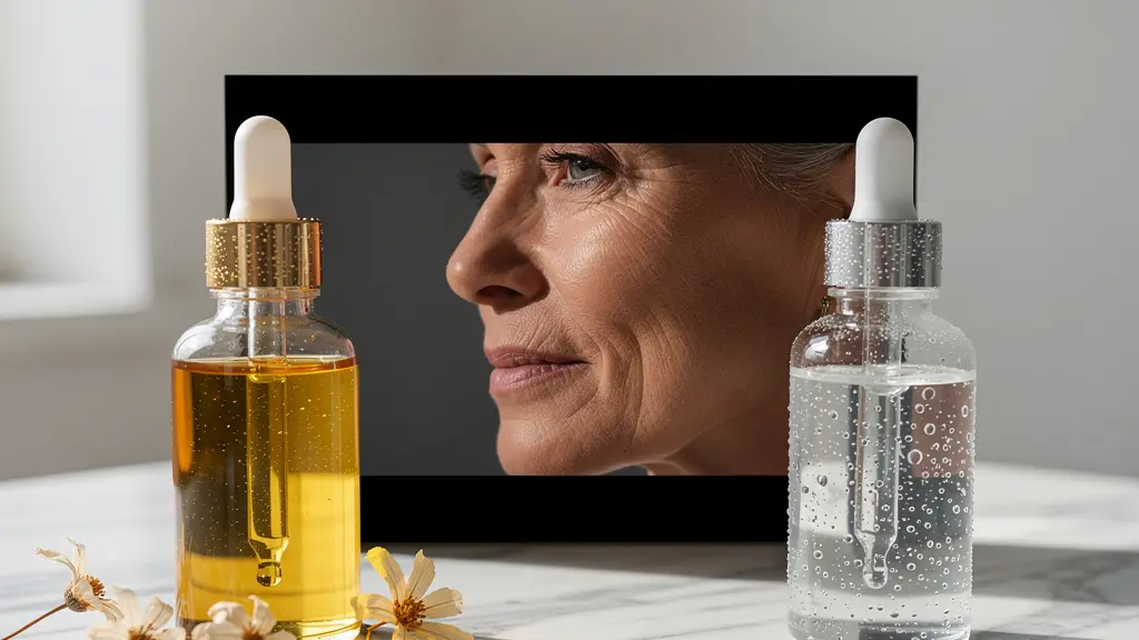 Comparaison visuelle entre bakuchiol et acide hyaluronique sur une peau mature avec texture élégante