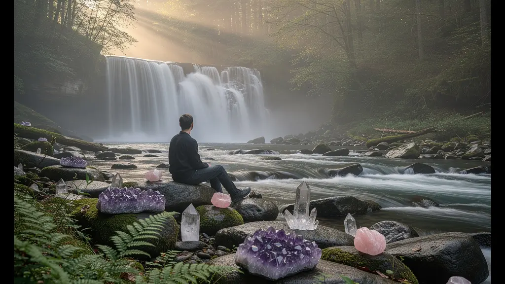 Personne en méditation près d'une cascade avec cristaux et plantes énergétiques dans un environnement naturel apaisant