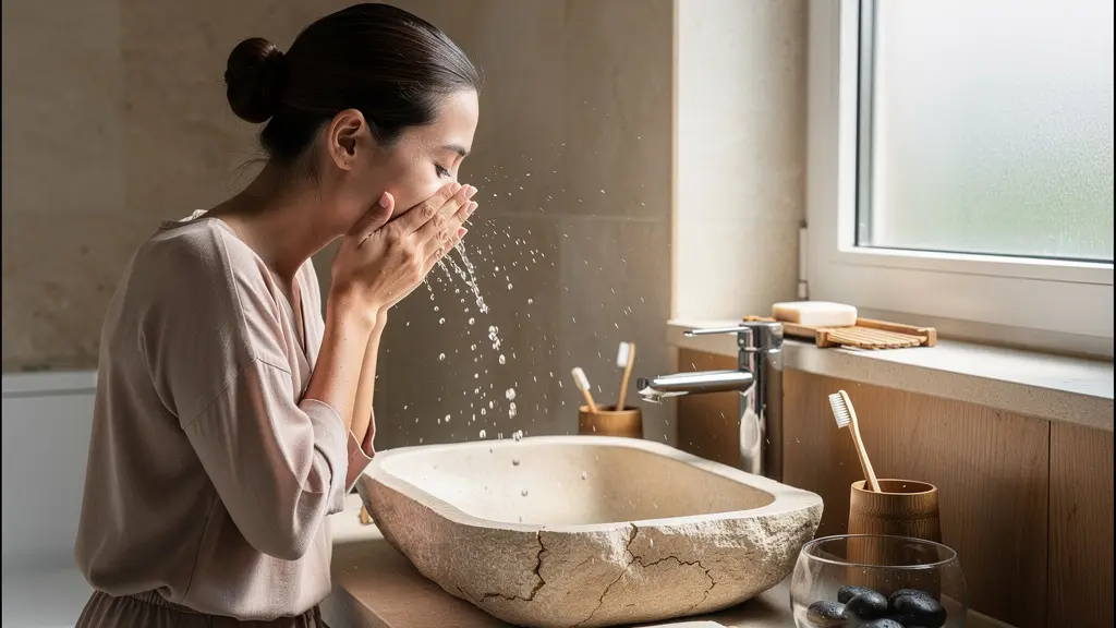 Femme rinçant délicatement son visage avec de l'eau tiède dans une salle de bain lumineuse