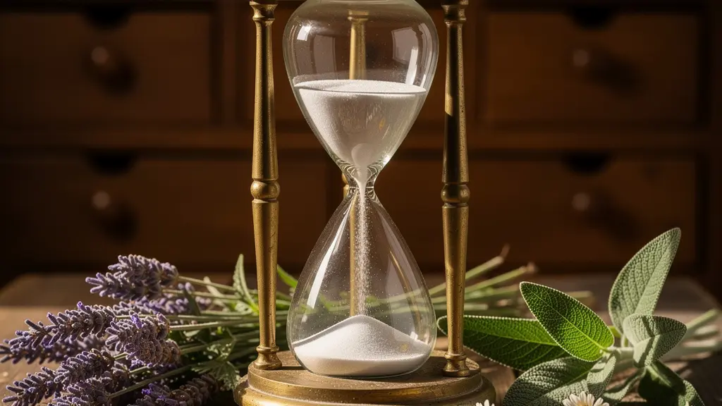 Sablier entouré de plantes médicinales symbolisant le temps nécessaire à la guérison naturelle
