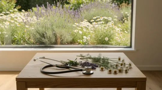 Vue d'ensemble harmonieuse représentant l'intégration entre médecine conventionnelle et approches naturelles dans un environnement apaisant