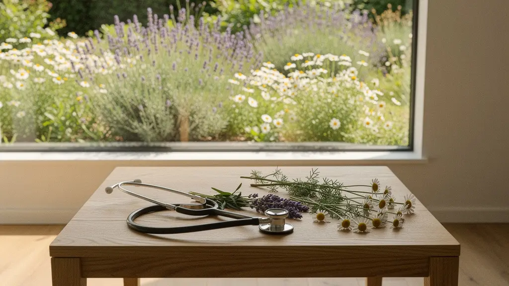 Vue d'ensemble harmonieuse représentant l'intégration entre médecine conventionnelle et approches naturelles dans un environnement apaisant