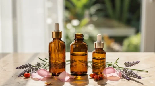 Flacons d'huiles botaniques ambrés avec pipettes, entourés de pétales de rose et feuilles de plantes