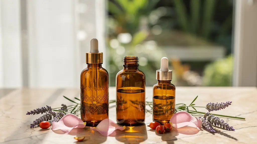 Flacons d'huiles botaniques ambrés avec pipettes, entourés de pétales de rose et feuilles de plantes