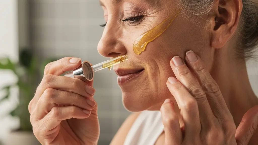 Texture dorée d'un sérum huileux botanique sur peau mature hydratée