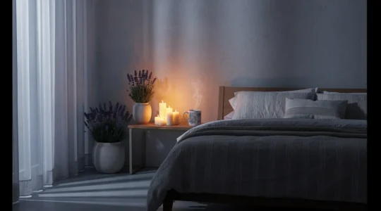 Chambre paisible dans la pénombre avec éléments naturels et atmosphère sereine propice au sommeil