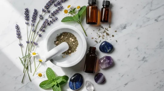 Composition épurée d'éléments naturels pour soulager les maux quotidiens : plantes médicinales, pierres de lithothérapie et huiles essentielles