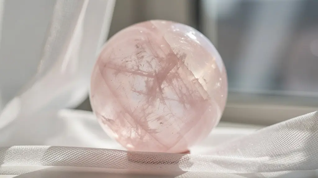 Sphère de quartz rose captant la lumière filtrée à travers un voile blanc