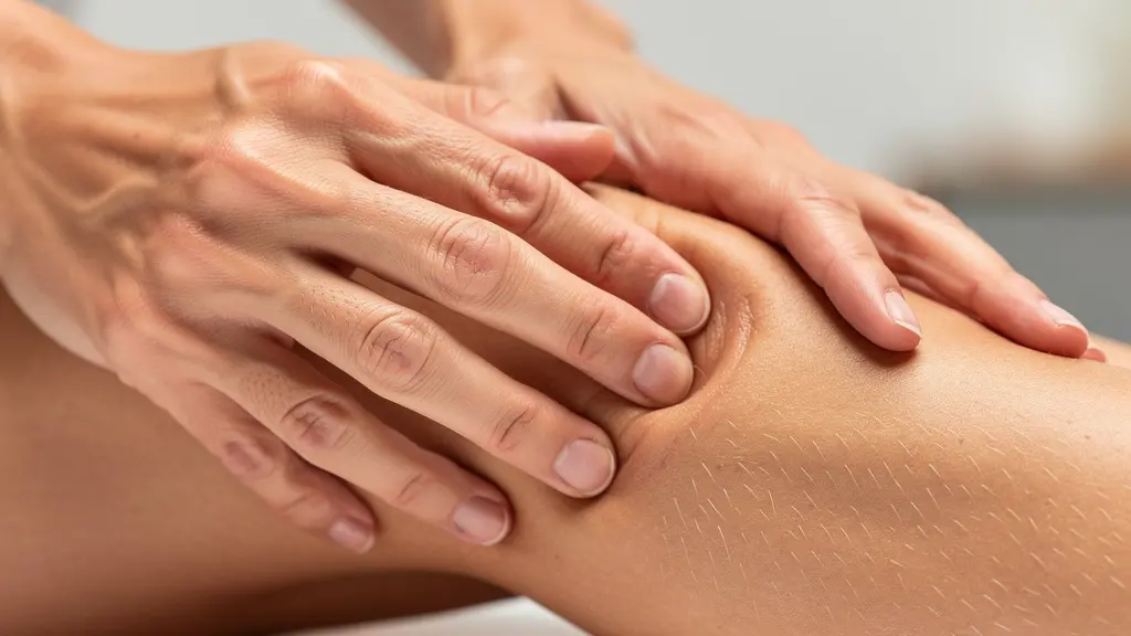 Mains effectuant un massage drainant sur une jambe avec mouvements circulaires visibles