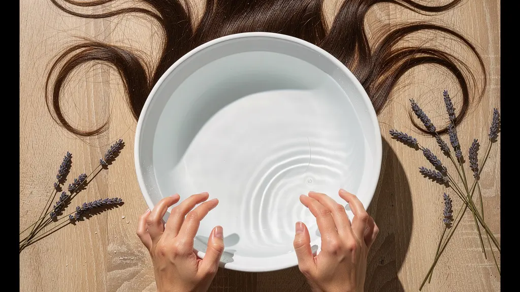 Technique de rinçage des cheveux dans une bassine d'eau claire vue de dessus