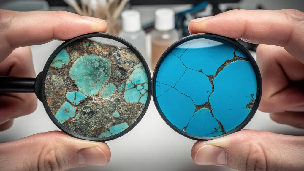 Examen d'une turquoise à la loupe de bijoutier pour détecter les contrefaçons